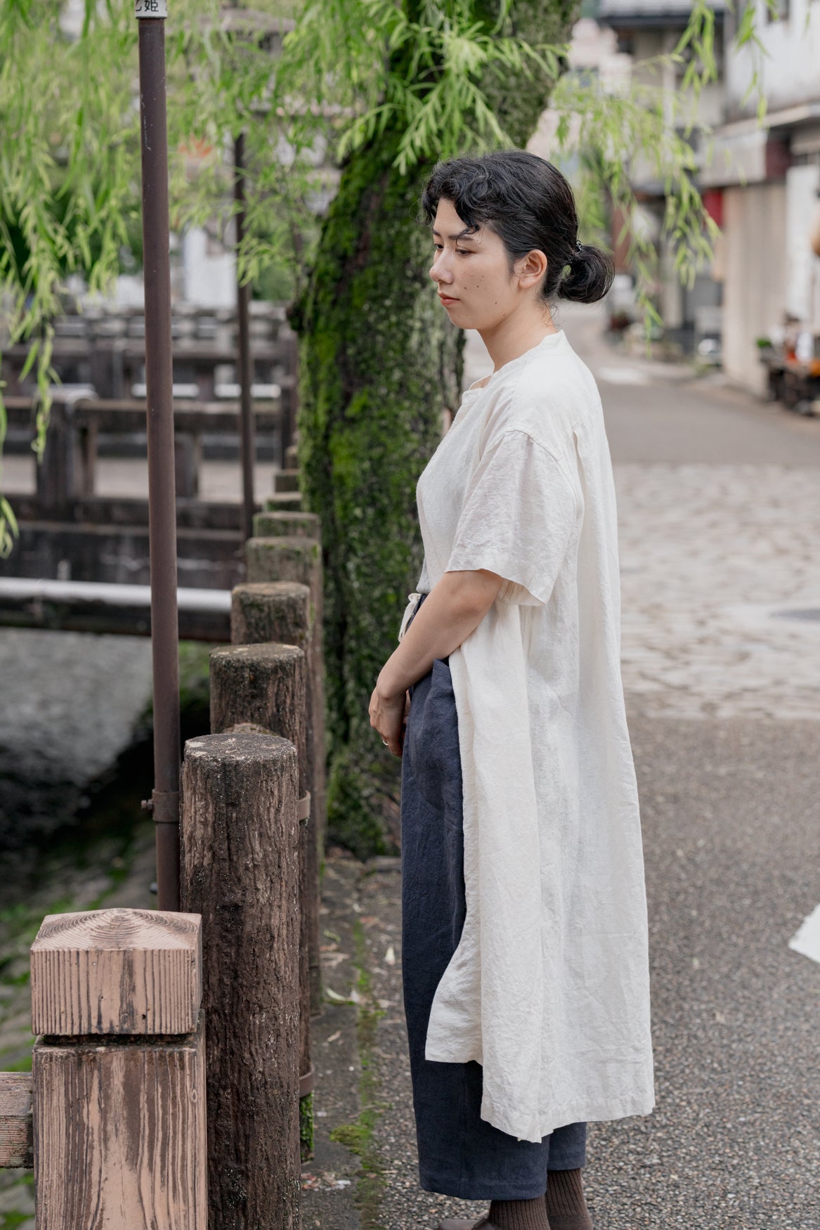 Sun-dried linen short-sleeved long shirt